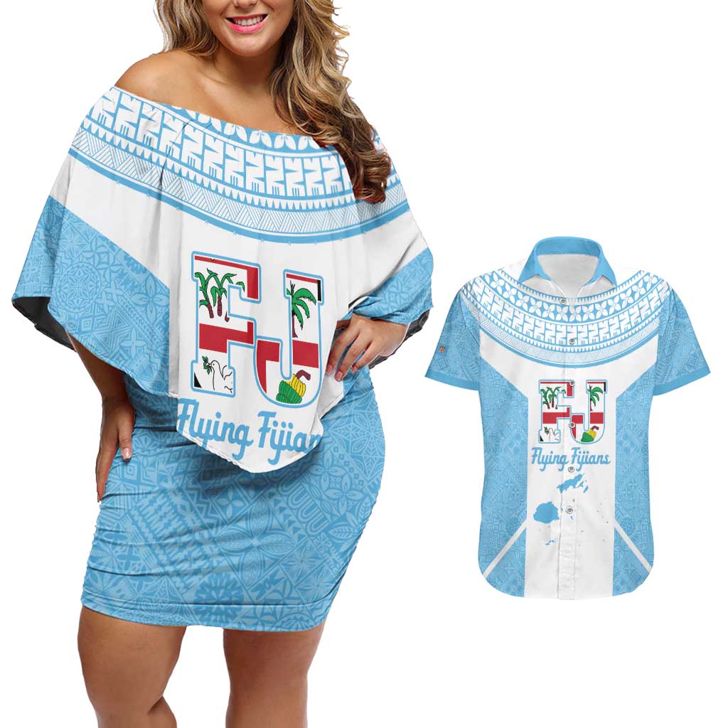 Custom Fiji Tapa Rugby Couples Matching Off Shoulder Short Dress and Hawaiian Shirt Flying Fijian Blue And White Version
