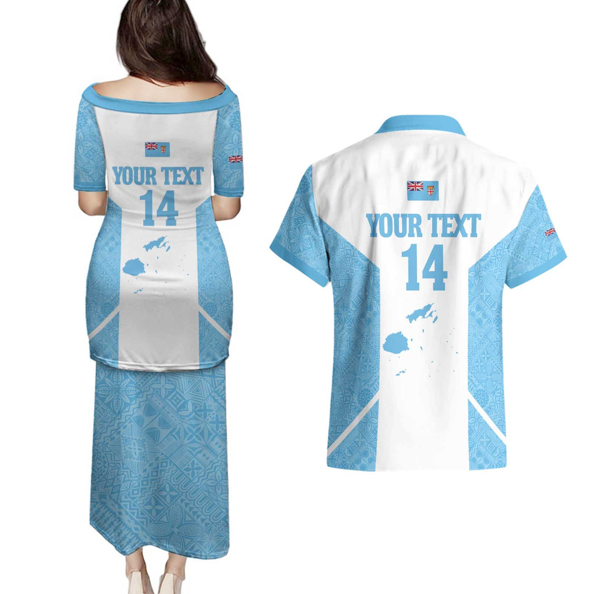 Custom Fiji Tapa Rugby Couples Matching Puletasi and Hawaiian Shirt Flying Fijian Blue And White Version