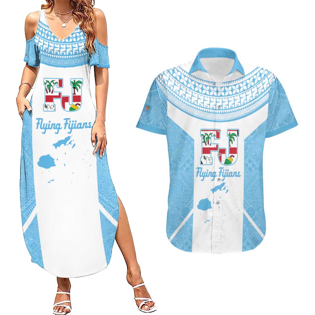 Custom Fiji Tapa Rugby Couples Matching Summer Maxi Dress and Hawaiian Shirt Flying Fijian Blue And White Version