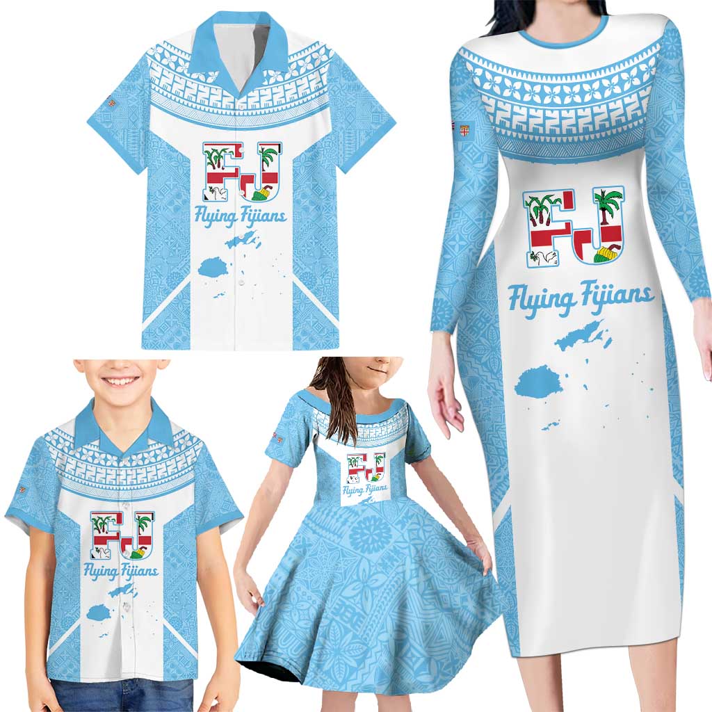 Custom Fiji Tapa Rugby Family Matching Long Sleeve Bodycon Dress and Hawaiian Shirt Flying Fijian Blue And White Version
