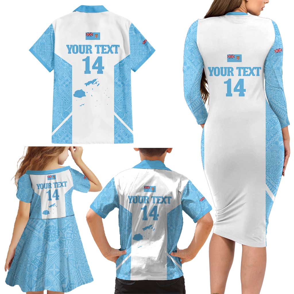 Custom Fiji Tapa Rugby Family Matching Long Sleeve Bodycon Dress and Hawaiian Shirt Flying Fijian Blue And White Version