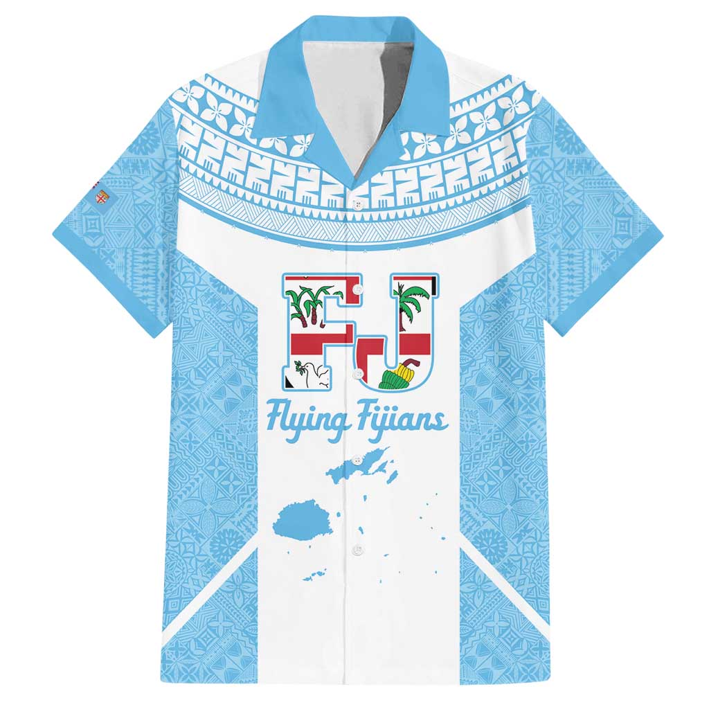Custom Fiji Tapa Rugby Family Matching Long Sleeve Bodycon Dress and Hawaiian Shirt Flying Fijian Blue And White Version