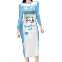 Custom Fiji Tapa Rugby Family Matching Long Sleeve Bodycon Dress and Hawaiian Shirt Flying Fijian Blue And White Version