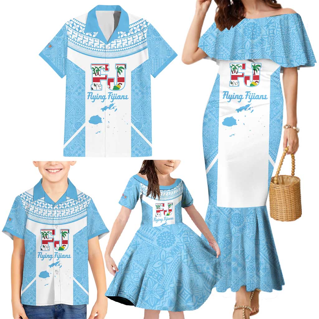 Custom Fiji Tapa Rugby Family Matching Mermaid Dress and Hawaiian Shirt Flying Fijian Blue And White Version