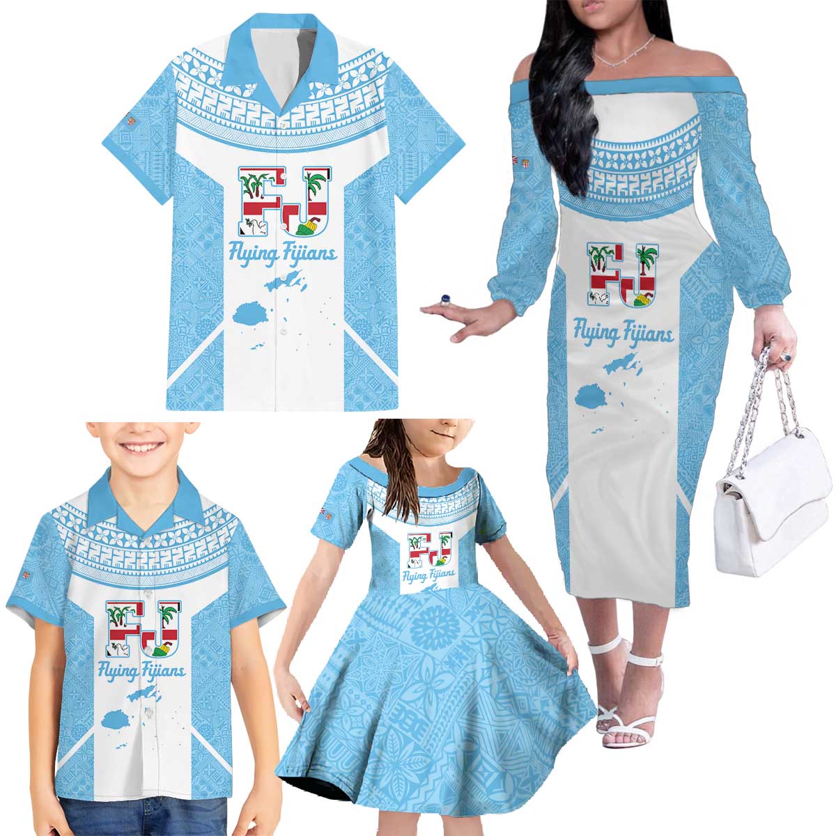 Custom Fiji Tapa Rugby Family Matching Off The Shoulder Long Sleeve Dress and Hawaiian Shirt Flying Fijian Blue And White Version