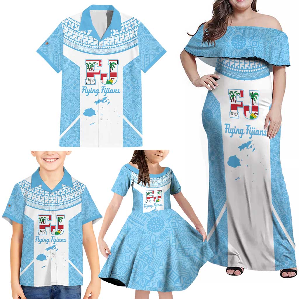 Custom Fiji Tapa Rugby Family Matching Off Shoulder Maxi Dress and Hawaiian Shirt Flying Fijian Blue And White Version