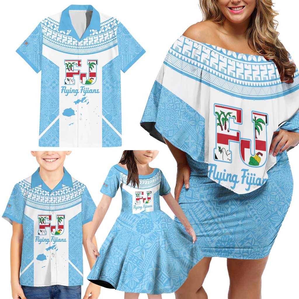 Custom Fiji Tapa Rugby Family Matching Off Shoulder Short Dress and Hawaiian Shirt Flying Fijian Blue And White Version
