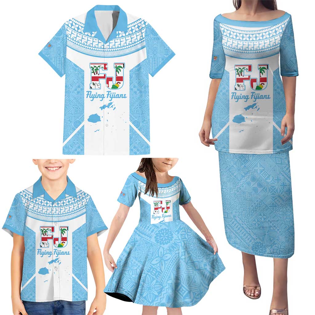 Custom Fiji Tapa Rugby Family Matching Puletasi and Hawaiian Shirt Flying Fijian Blue And White Version