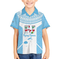 Custom Fiji Tapa Rugby Family Matching Short Sleeve Bodycon Dress and Hawaiian Shirt Flying Fijian Blue And White Version