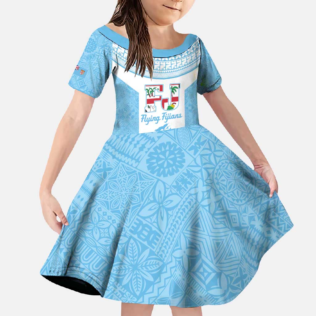 Custom Fiji Tapa Rugby Family Matching Summer Maxi Dress and Hawaiian Shirt Flying Fijian Blue And White Version