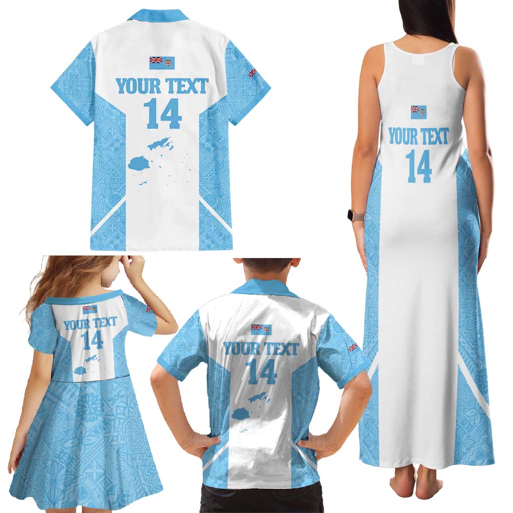 Custom Fiji Tapa Rugby Family Matching Tank Maxi Dress and Hawaiian Shirt Flying Fijian Blue And White Version