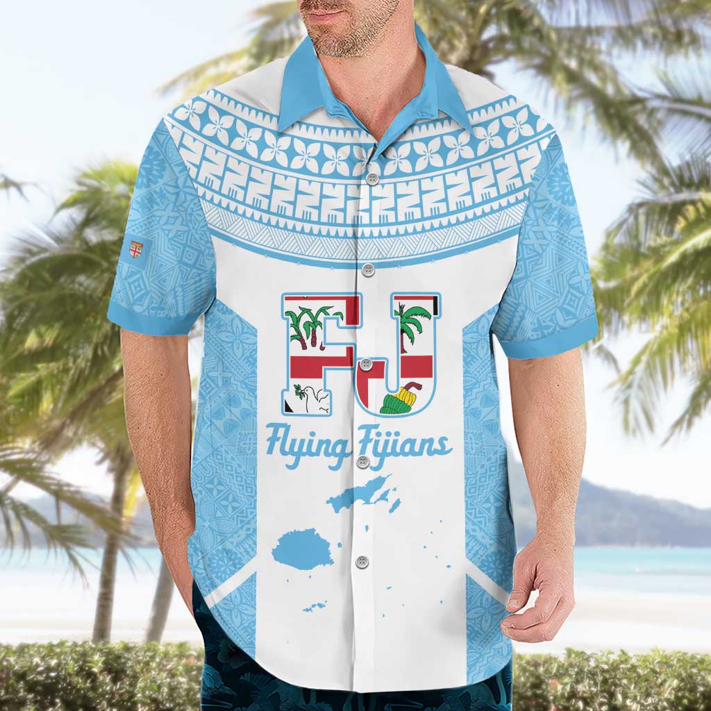 Custom Fiji Tapa Rugby Hawaiian Shirt Flying Fijian Blue And White Version