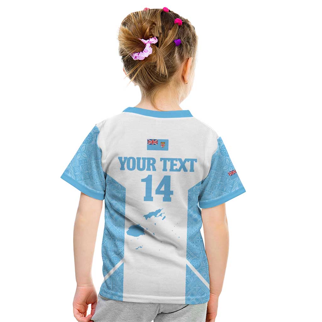 Custom Fiji Tapa Rugby Kid T Shirt Flying Fijian Blue And White Version