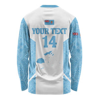 Custom Fiji Tapa Rugby Long Sleeve Shirt Flying Fijian Blue And White Version