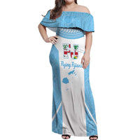 Custom Fiji Tapa Rugby Off Shoulder Maxi Dress Flying Fijian Blue And White Version