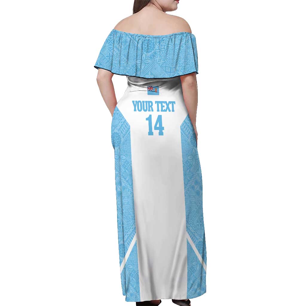 Custom Fiji Tapa Rugby Off Shoulder Maxi Dress Flying Fijian Blue And White Version