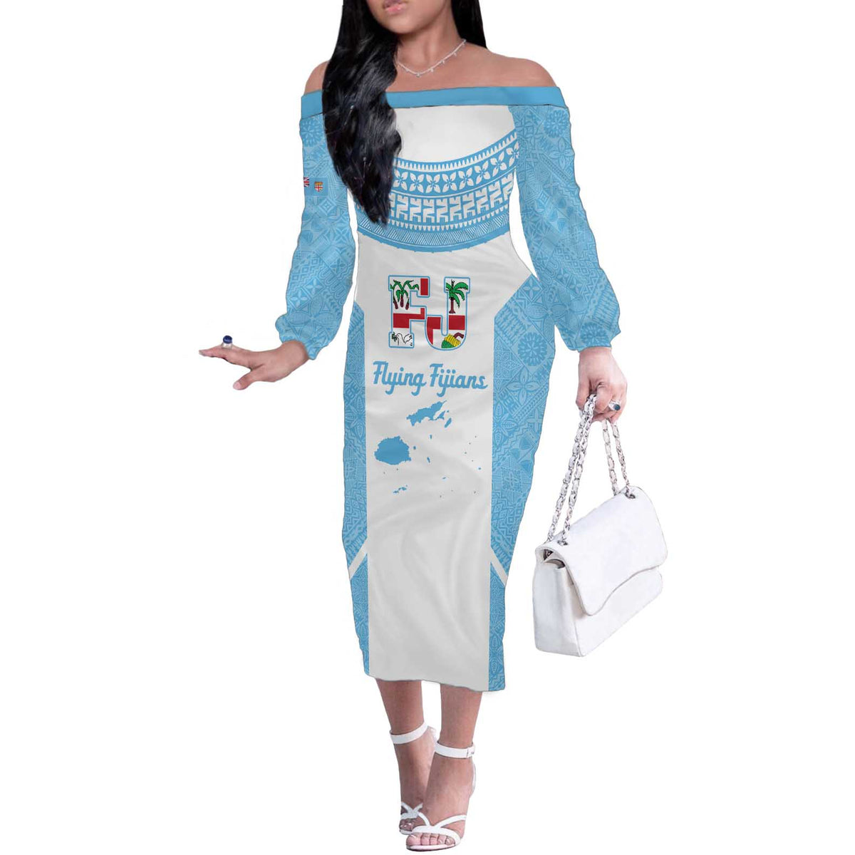 Custom Fiji Tapa Rugby Off The Shoulder Long Sleeve Dress Flying Fijian Blue And White Version