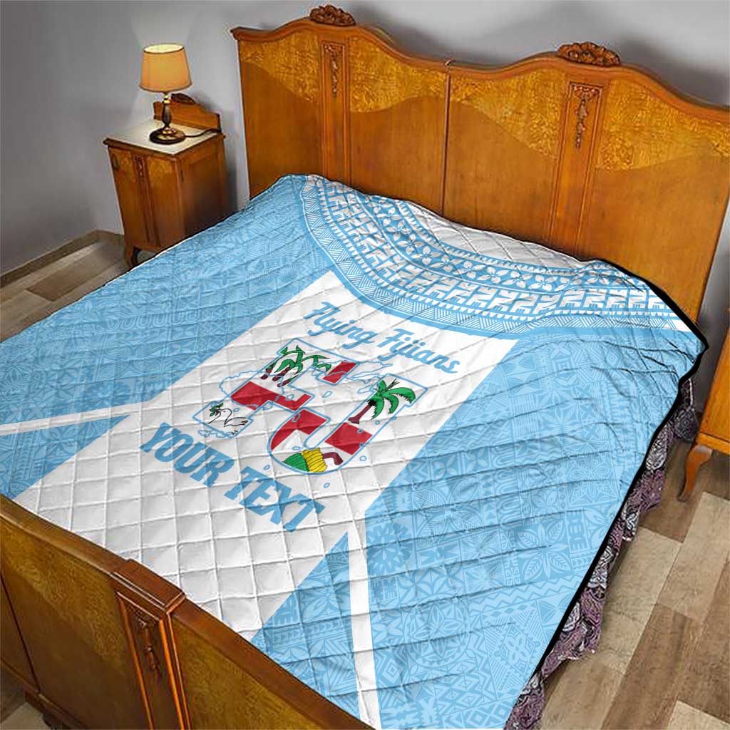 Custom Fiji Tapa Rugby Quilt Flying Fijian Blue And White Version