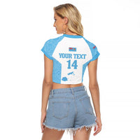 Custom Fiji Tapa Rugby Raglan Cropped T Shirt Flying Fijian Blue And White Version