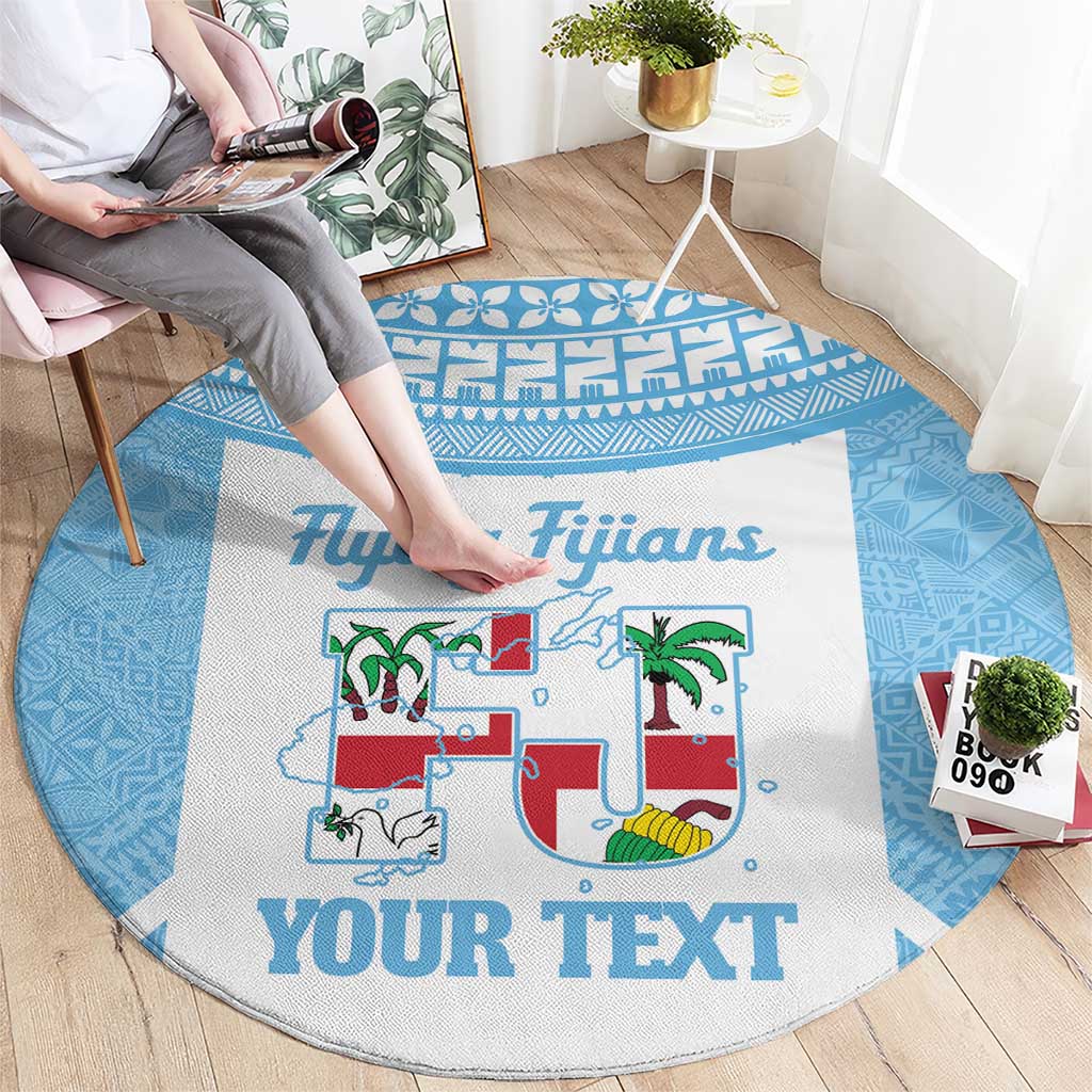 Custom Fiji Tapa Rugby Round Carpet Flying Fijian Blue And White Version