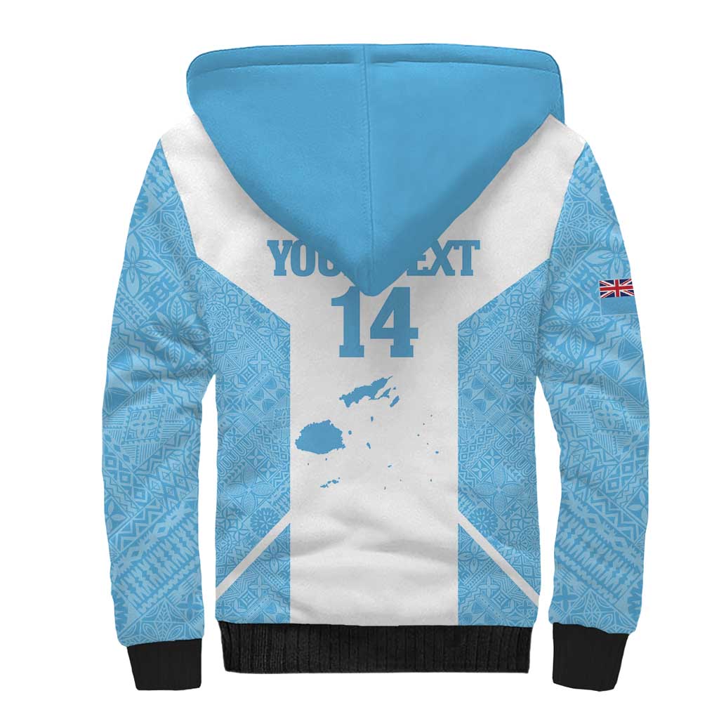 Custom Fiji Tapa Rugby Sherpa Hoodie Flying Fijian Blue And White Version