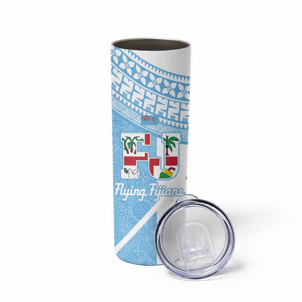 Custom Fiji Tapa Rugby Skinny Tumbler Flying Fijian Blue And White Version
