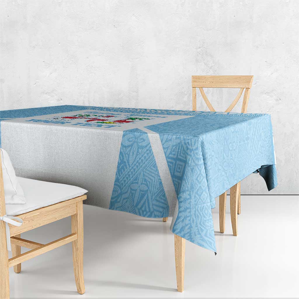Custom Fiji Tapa Rugby Tablecloth Flying Fijian Blue And White Version