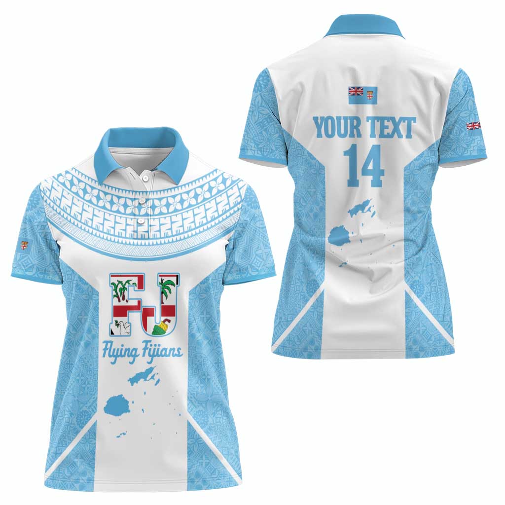 Custom Fiji Tapa Rugby Women Polo Shirt Flying Fijian Blue And White Version