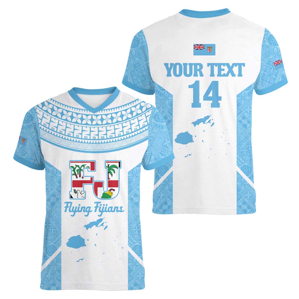Custom Fiji Tapa Rugby Women V-Neck T-Shirt Flying Fijian Blue And White Version
