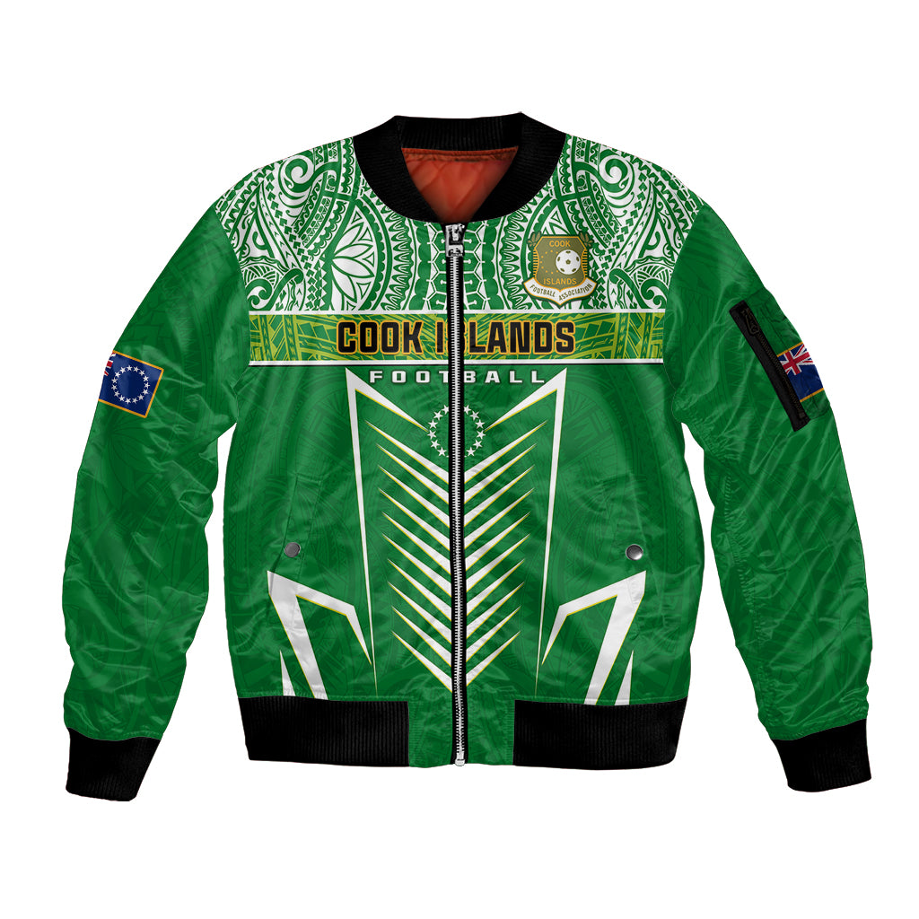 Personalised Cook Islands Football Sleeve Zip Bomber Jacket Go Kuki Airani Polynesian Sporty Style LT14 Unisex Green - Polynesian Pride