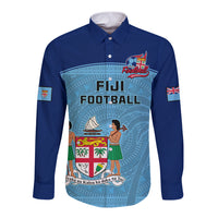 Fiji Football Long Sleeve Button Shirt Fijian Tapa Pattern Sporty Style LT14 Unisex Blue - Polynesian Pride