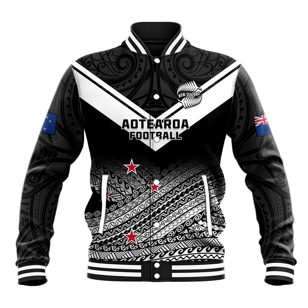 Aotearoa Football Baseball Jacket Go New Zealand Maori Fern Pattern LT14 Unisex Black - Polynesian Pride