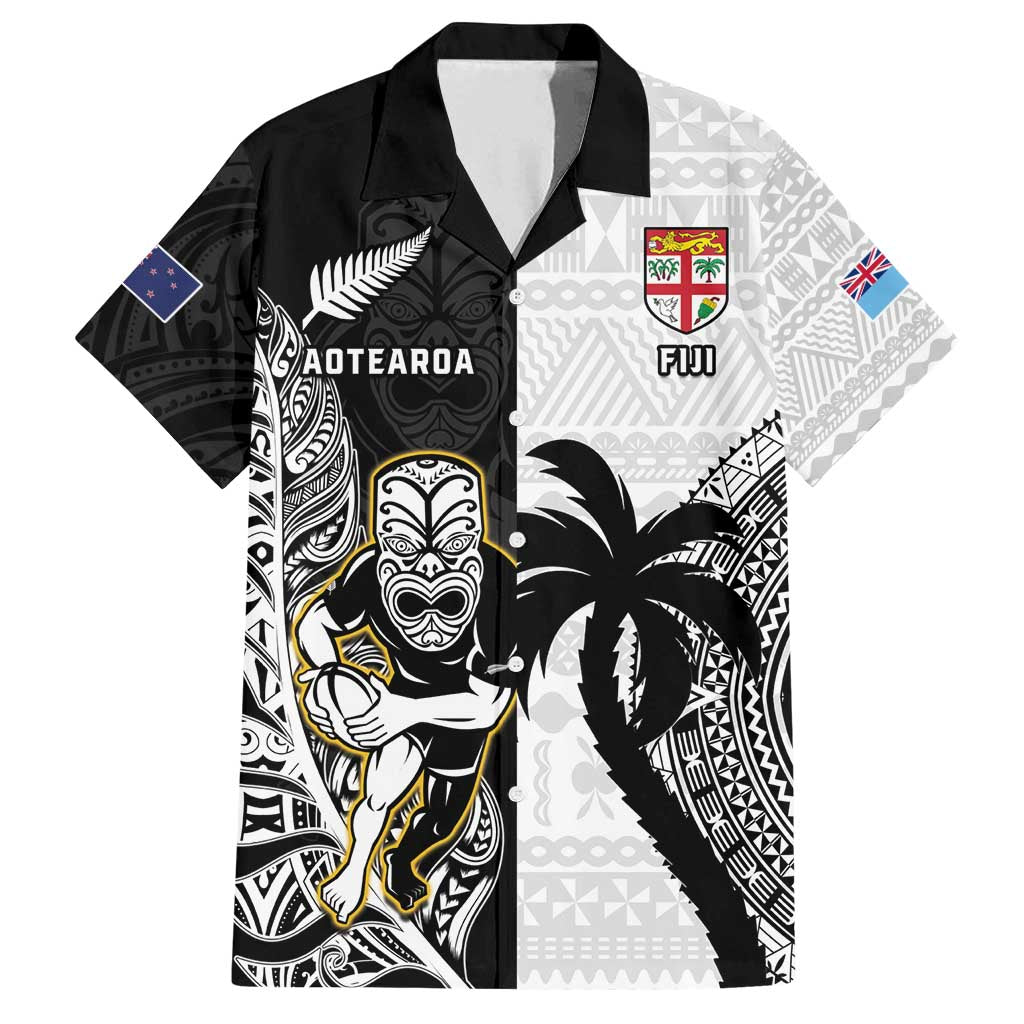 Custom Fiji And New Zealand Rugby Family Matching Long Sleeve Bodycon Dress and Hawaiian Shirt Aotearoa Silver Fern Mix Fijian Tapa Pattern