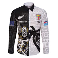 Custom Fiji And New Zealand Rugby Family Matching Mermaid Dress and Hawaiian Shirt Aotearoa Silver Fern Mix Fijian Tapa Pattern