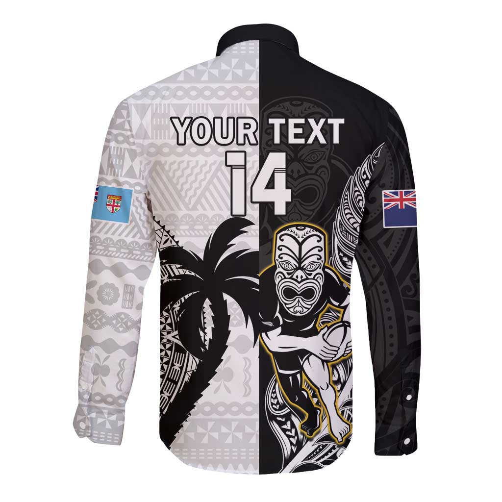 Custom Fiji And New Zealand Rugby Long Sleeve Button Shirt Aotearoa Silver Fern Mix Fijian Tapa Pattern