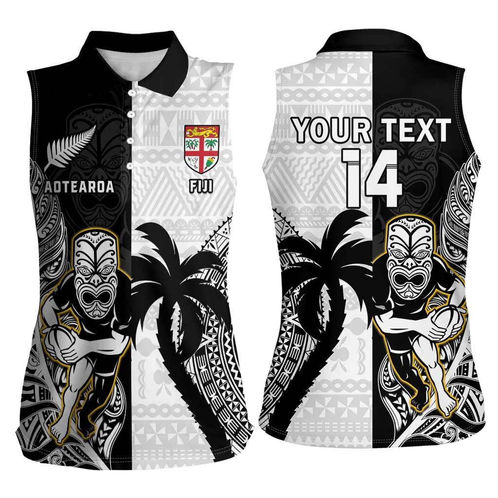 Custom Fiji And New Zealand Rugby Women Sleeveless Polo Shirt Aotearoa Silver Fern Mix Fijian Tapa Pattern