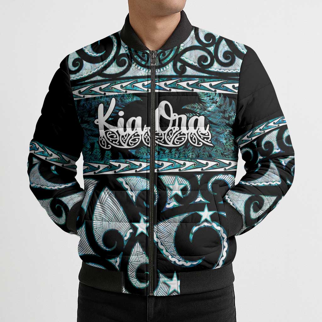 Kia Ora New Zealand Bomber Puffer Jacket Aotearoa Proud Maori Paua Shell Silver Fern - Polynesian Pride
