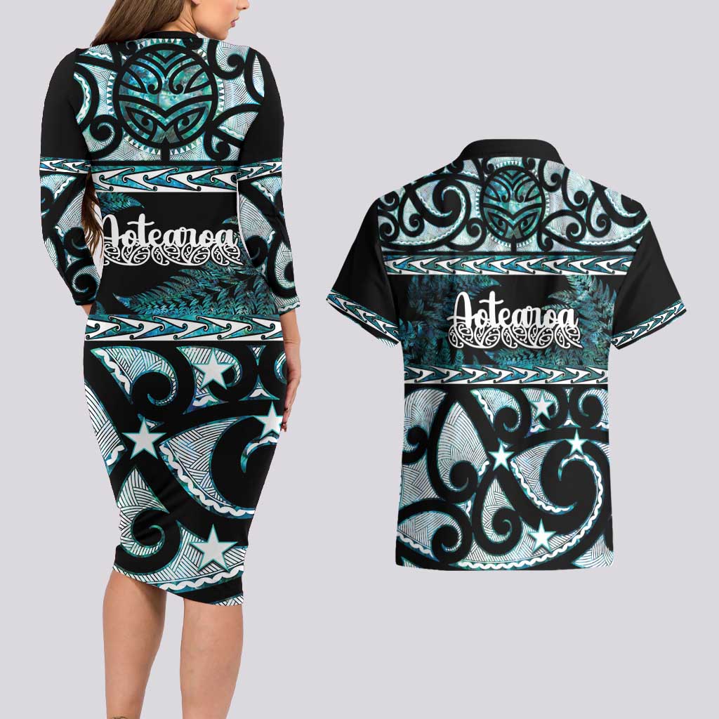 Kia Ora New Zealand Couples Matching Long Sleeve Bodycon Dress and Hawaiian Shirt Aotearoa Proud Maori Paua Shell Silver Fern - Polynesian Pride