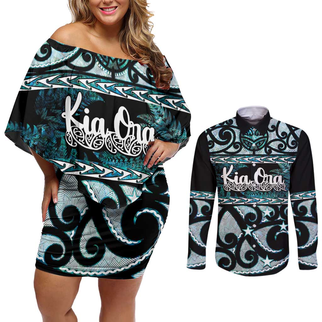 Kia Ora New Zealand Couples Matching Off Shoulder Short Dress and Long Sleeve Button Shirt Aotearoa Proud Maori Paua Shell Silver Fern - Polynesian Pride