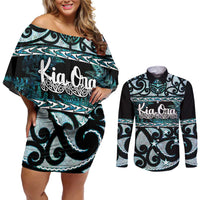 Kia Ora New Zealand Couples Matching Off Shoulder Short Dress and Long Sleeve Button Shirt Aotearoa Proud Maori Paua Shell Silver Fern - Polynesian Pride