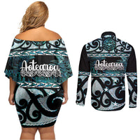 Kia Ora New Zealand Couples Matching Off Shoulder Short Dress and Long Sleeve Button Shirt Aotearoa Proud Maori Paua Shell Silver Fern - Polynesian Pride