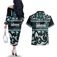 Kia Ora New Zealand Couples Matching Off The Shoulder Long Sleeve Dress and Hawaiian Shirt Aotearoa Proud Maori Paua Shell Silver Fern - Polynesian Pride