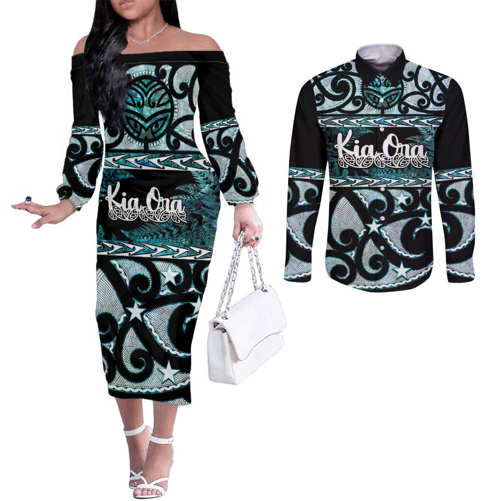 Kia Ora New Zealand Couples Matching Off The Shoulder Long Sleeve Dress and Long Sleeve Button Shirt Aotearoa Proud Maori Paua Shell Silver Fern - Polynesian Pride