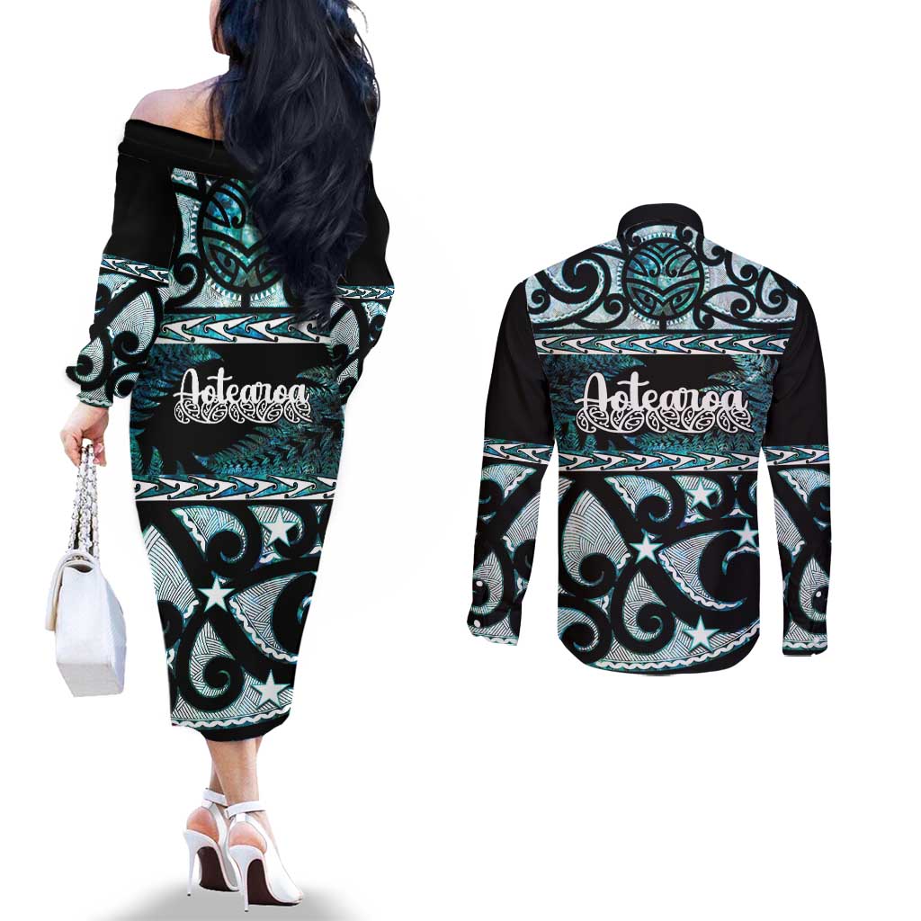 Kia Ora New Zealand Couples Matching Off The Shoulder Long Sleeve Dress and Long Sleeve Button Shirt Aotearoa Proud Maori Paua Shell Silver Fern - Polynesian Pride