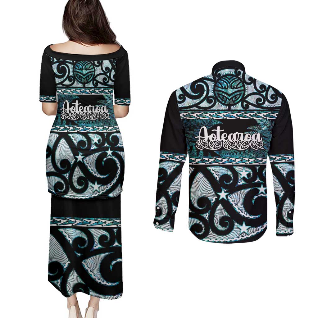 Kia Ora New Zealand Couples Matching Puletasi and Long Sleeve Button Shirt Aotearoa Proud Maori Paua Shell Silver Fern - Polynesian Pride