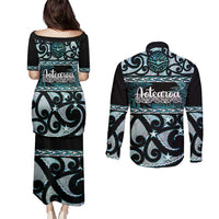 Kia Ora New Zealand Couples Matching Puletasi and Long Sleeve Button Shirt Aotearoa Proud Maori Paua Shell Silver Fern - Polynesian Pride