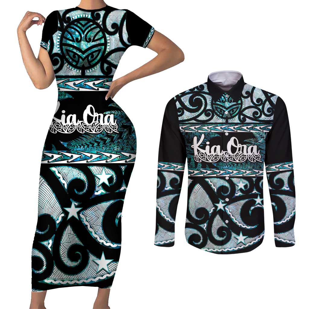 Kia Ora New Zealand Couples Matching Short Sleeve Bodycon Dress and Long Sleeve Button Shirt Aotearoa Proud Maori Paua Shell Silver Fern - Polynesian Pride