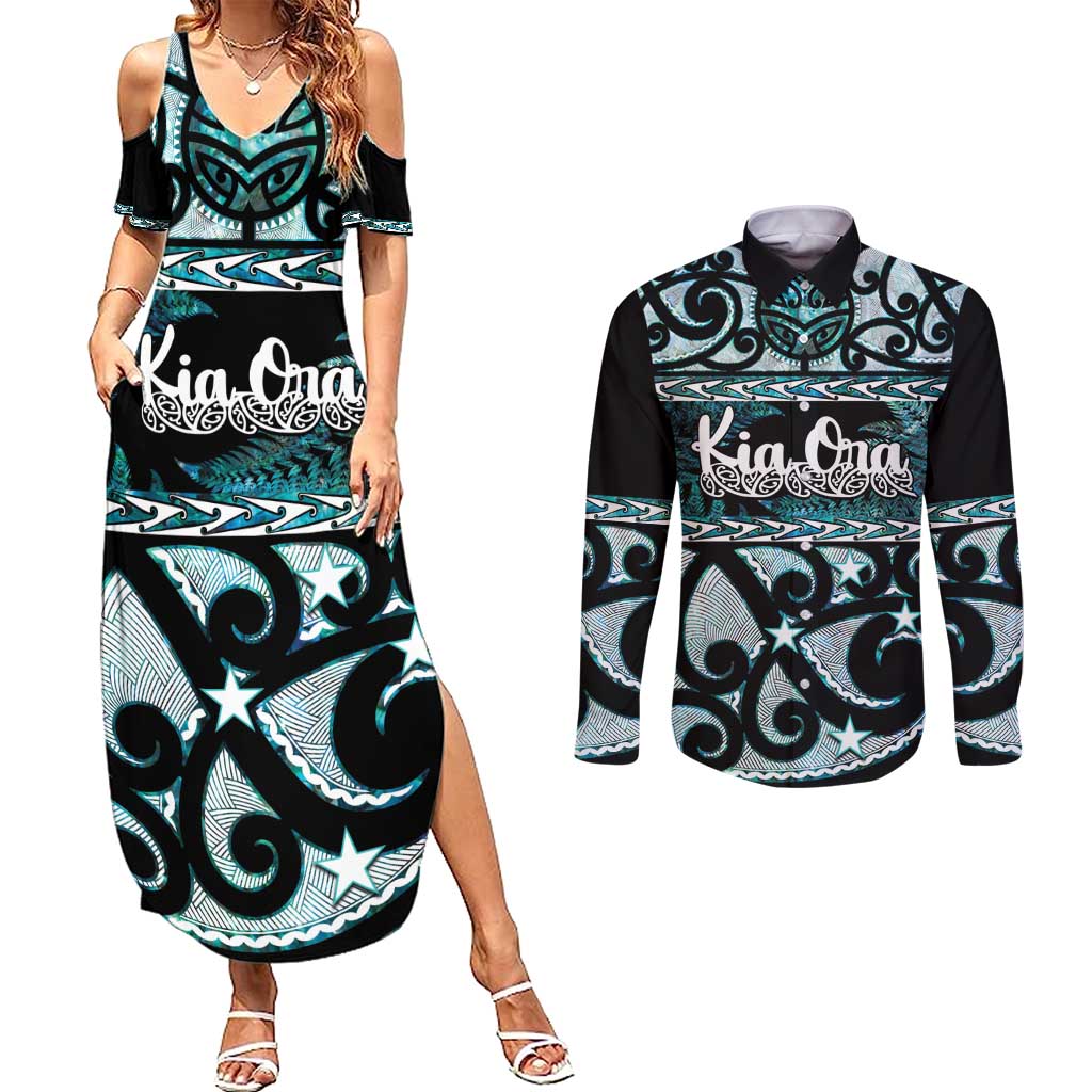 Kia Ora New Zealand Couples Matching Summer Maxi Dress and Long Sleeve Button Shirt Aotearoa Proud Maori Paua Shell Silver Fern - Polynesian Pride