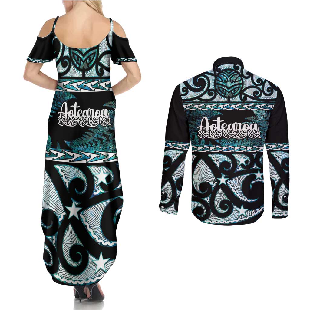 Kia Ora New Zealand Couples Matching Summer Maxi Dress and Long Sleeve Button Shirt Aotearoa Proud Maori Paua Shell Silver Fern - Polynesian Pride