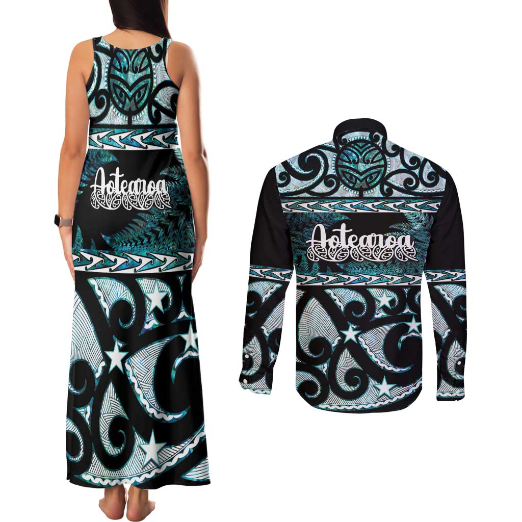 Kia Ora New Zealand Couples Matching Tank Maxi Dress and Long Sleeve Button Shirt Aotearoa Proud Maori Paua Shell Silver Fern - Polynesian Pride